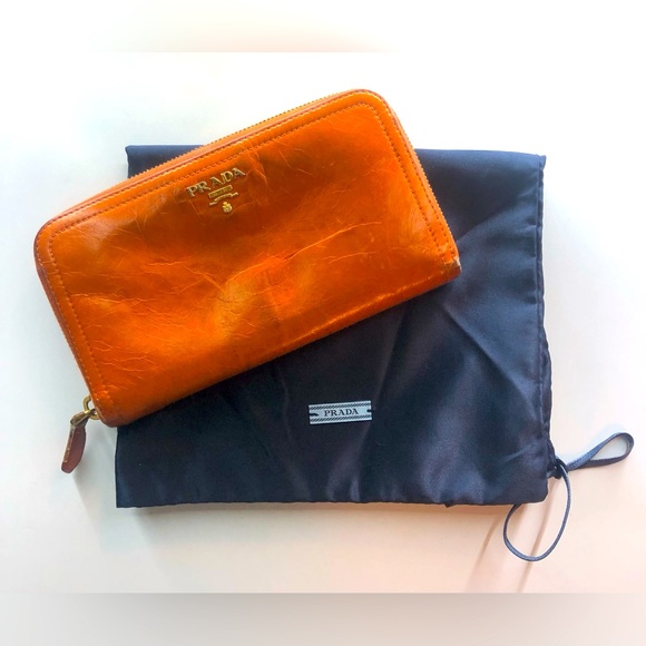 Prada Handbags - Prada Leather Long Zippy Wallet Orange with Dustbag